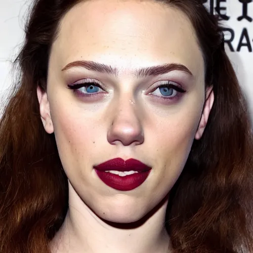 Image similar to a woman who is a genetic combination of kat dennings and scarlett johansson face and upper - body focus