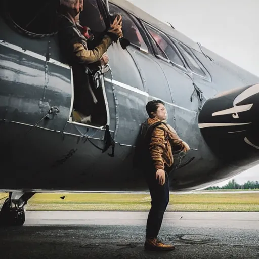 Prompt: photo of an extremely scared man walking outside of an airplane in mid-air, horror face, highly detailed skin, highly detailed face