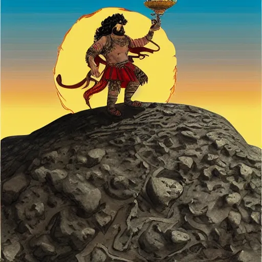 Prompt: persian folktale art style, barbarian on mars, pulp science fiction illustration, standing atop boulder looking over barren expanse