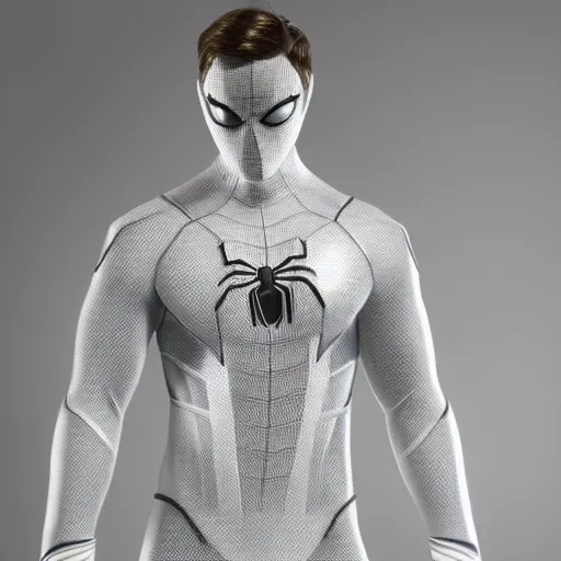 Image similar to white spider - man suit with black web lining, cinematic, volumetric lighting, realistic, hyperdetailed, photorealistic, photograph