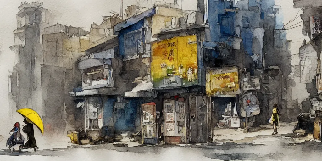 Prompt: deserted dusty junk town, a girl with a parka and a yellow parasol is running, broken vending machines, scene from the movie Ghost in the shell, watercolor watercolor