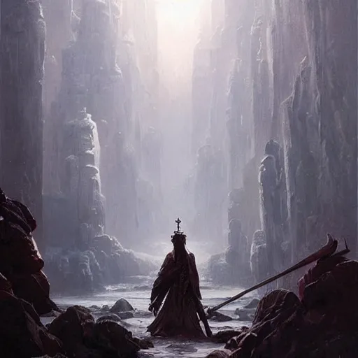 Image similar to a legendary epic landscape resembling the ace of swords tarot card by greg rutkowski, painterly!!, highly detailed