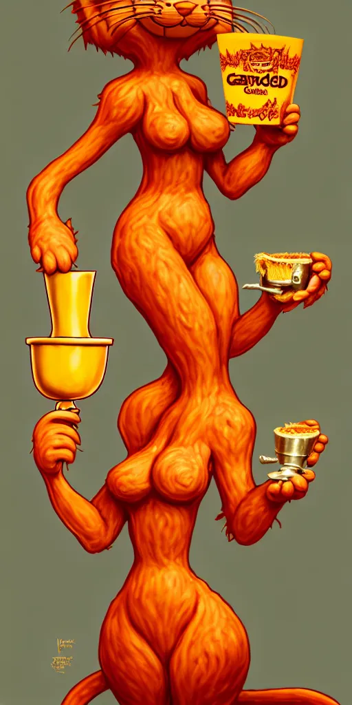 Image similar to fullbody!! personification of garfield the cat garfield goddess holding a blood chalice and lasagna, detailed, stunning, garfield cat face, hyperrealistic, trending on artstation, smooth and sharp, intricate, highly detailed, elegant, professional character concept art by tatyana kupriyanova