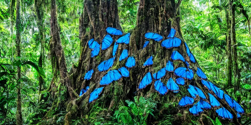 Prompt: photograph of a giant old tree in a costa rican rainforest covered in a canopy of iridescent blue morpho butterflies, beautiful, ethereal, cinematic