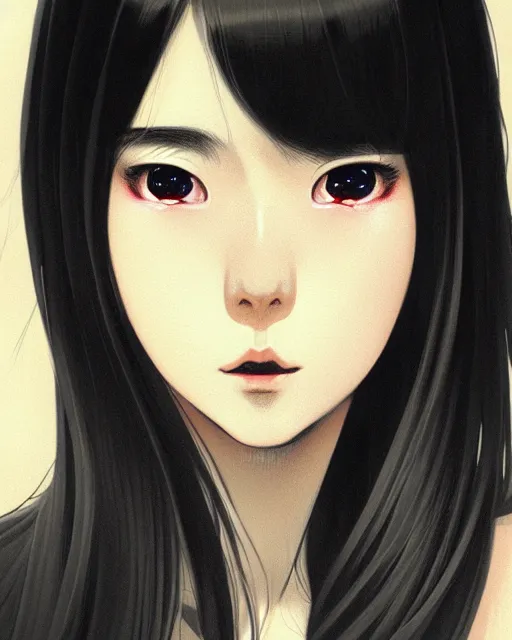 Image similar to a comic portrait of a japanese horror girl, fine - face, realistic shaded perfect face, fine details. night setting. very anime style. realistic shaded lighting poster by ilya kuvshinov katsuhiro, magali villeneuve, artgerm, jeremy lipkin and michael garmash, rob rey and kentaro miura style, trending on art station