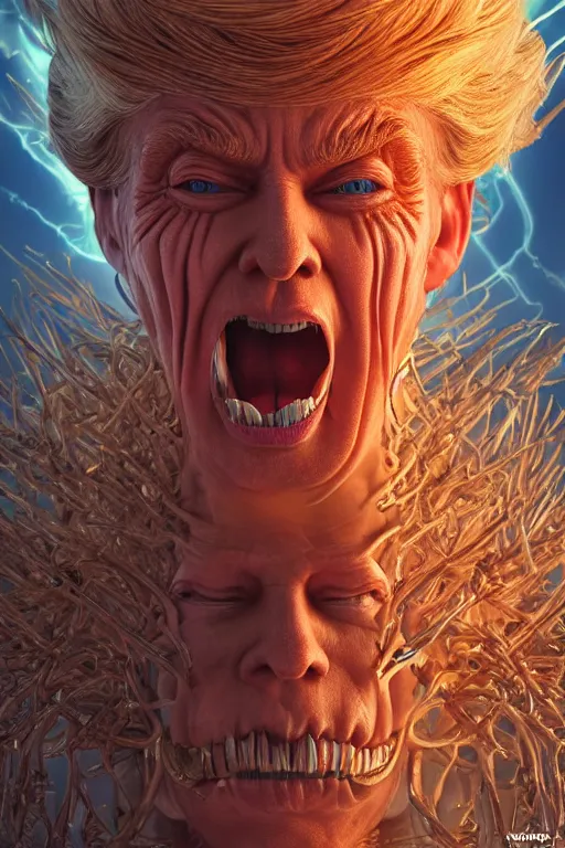 Image similar to donald trump's disgusting true form, 3d, high details, intricate details, by vincent di fate, artgerm julie bell beeple, 90s, Smooth gradients, octane render, 8k, volumetric lightning, High contrast, duo tone, depth of field, very coherent symmetrical artwork