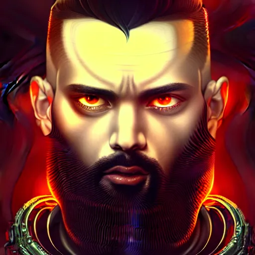 Image similar to bearded man with extremely large and intricate haircut with angry red eyes and slim features looking askance, eye cyberpunk bionics, retro futurist style, intricate, elegant gleaming intricate baroque jewelry, angelic halo, highly detailed, digital painting, artstation, concept art, smooth, sharp focus, illustration, art by wlop, mars ravelo and greg rutkowski,