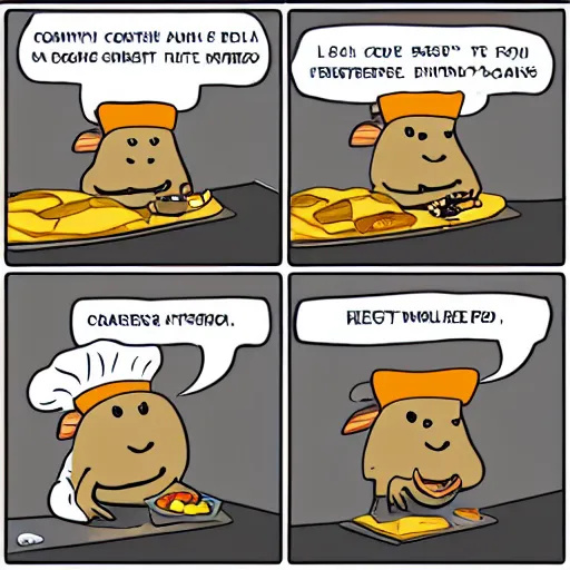 Image similar to comic cute platypus on a kitchen wearing a chef hat and holding a lasagna into an oven, comic style