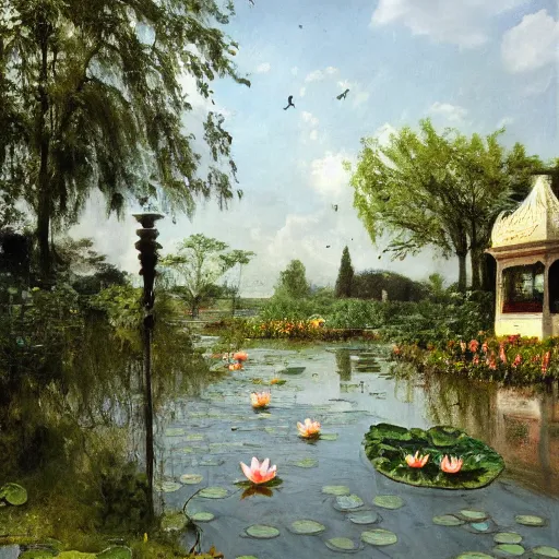 Prompt: lotus pond, Adolph Menzel, trending on artstation