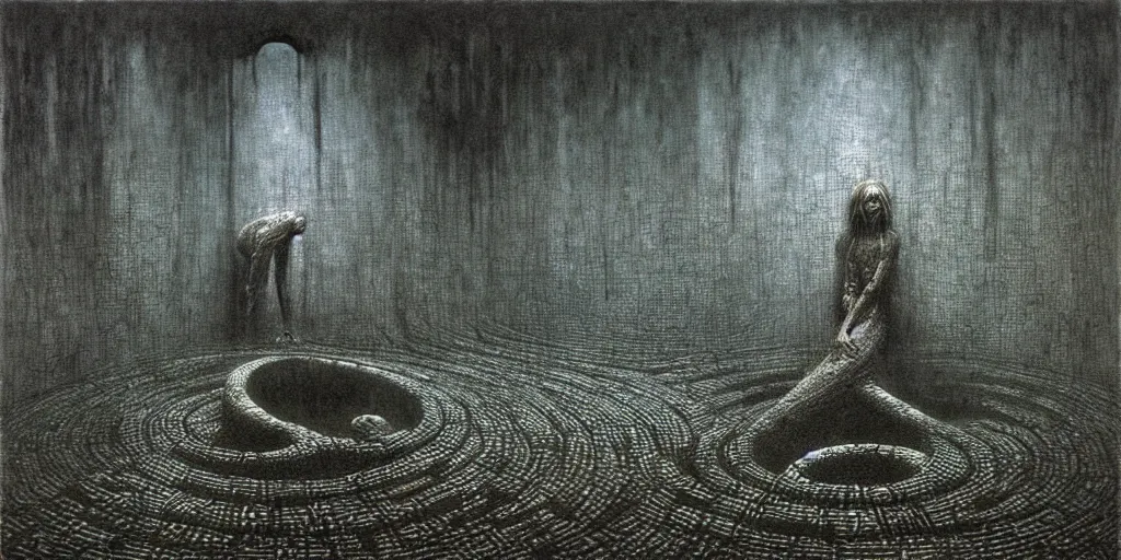 Prompt: underground labyrinth filled with dark water by Beksinski, Luis Royo