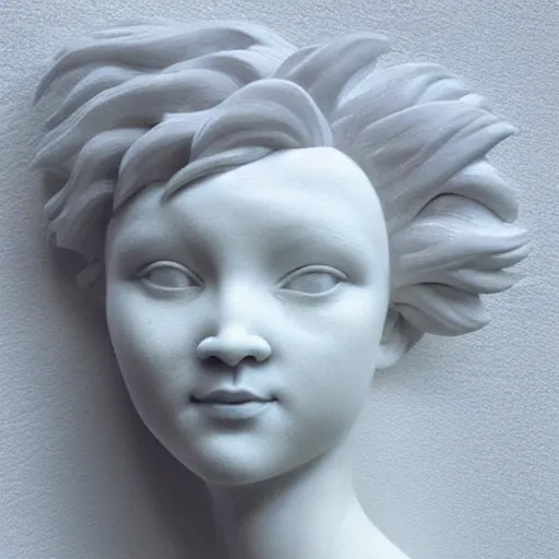 Image similar to full head and shoulders, beautiful female porcelain sculpture by daniel arsham and raoul marks, smooth, all white features on a white background, delicate facial features, white eyes, white lashes, detailed white, lots of real pastel blue hair in a winding geometric hairstyle on the head