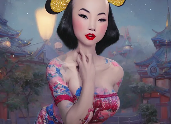 Image similar to beautiful bald chinese woman with pinup girl makeup at disneyland wearing mouse ears, night, epic cinematic hyperrealism masterpiece, realistic poster with shaded lighting by craig mallismo, artgerm, jeremy lipkin and michael garmash, unreal engine, radiant light, detailed and complex environment, octane photoreal 3 d render, art station trends