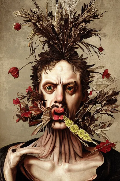 Prompt: Detailed maximalist portrait a Greek god with large lips and with large white eyes, exasperated expression, fight pose, fleshy skeletal, botany, HD mixed media 3d collage, highly detailed and intricate, surreal illustration in the style of Caravaggio, dark art, baroque