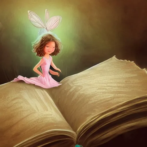 Image similar to you can see a big old open book in close - up. above the book floats a small sweet fairy, digital painting, fantasy art, ultra realistic, 4 k