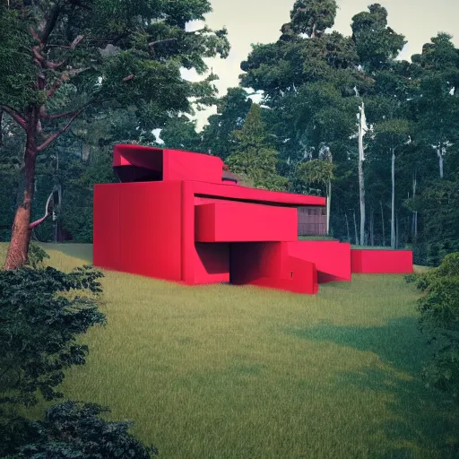 Prompt: futuristic rectangular red house with courtyard and flat roof, on a hill surrounded by big trees, dramatic lighting, artstation, matte painting, raphael lacoste, simon stalenhag, frank lloyd wright, zaha hadid, drone view