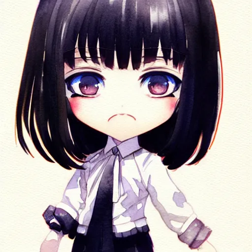 Image similar to collage of, portrait watercolor painting of nendoroid eyes kawaii chibi with black hair and hime cut by krenz cushart ilya kuvshinov pixiv key visual manga cover, artstation