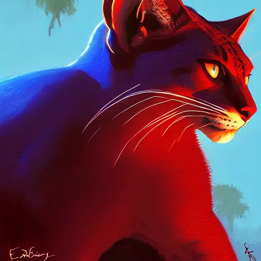 Image similar to a big blue cat caught a red sable. turqoise background. painting by eddie mendoza, greg rutkowski, james gurney