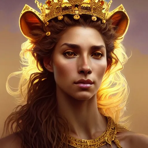 Image similar to majestic lioness queen as a beautiful woman. d & d, portrait, highly detailed, digital painting, trending on artstation, intricate details, energetic mood, golden ratio composition, concept art, sharp focus, illustration, art by artgerm and greg rutkowski and alphonse mucha and magali villeneuve, 8 k, 4 k,