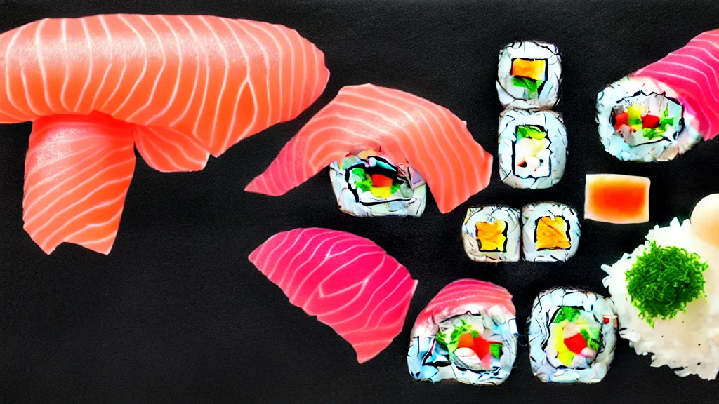 Prompt: an arrangement sushi, japan, a collage painting, in the style of wes anderson, lola dupre, david hockney, isolated on negative white space background dark monochrome neon spraypaint accents volumetric octane render