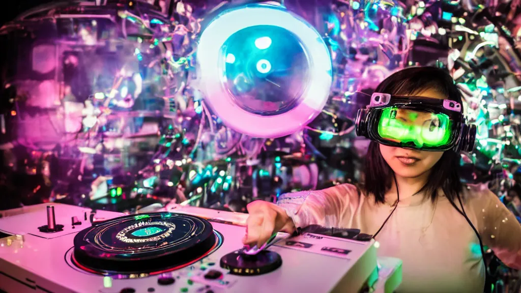 Image similar to an asian woman wearing goggles and visor and headphones using an intricate clockwork record player turntable contraption, robot arms, turntablism dj scratching, intricate planetary gears, smoky atmosphere, cinematic, sharp focus, led light strips, bokeh, iridescent, black light, fog machine, hazy, lasers, spotlights, motion blur, color