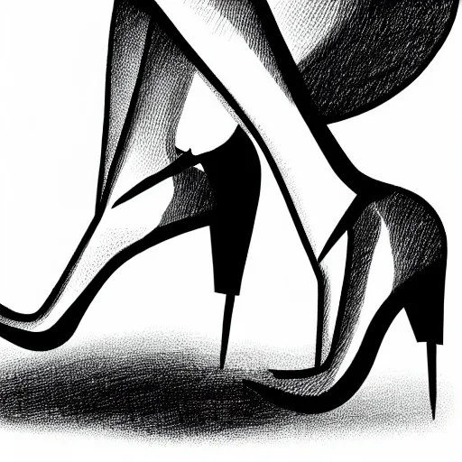 Image similar to book illustration of huge and hungry monster with women's legs wearing high heels, book illustration, monochromatic, white background, black and white image