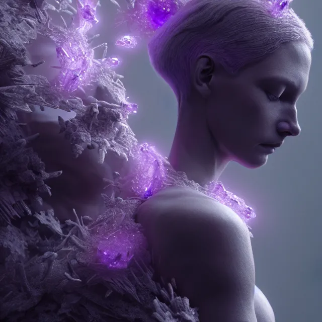 Prompt: a striking! render of ethereal beings made of amethyst and smoky gray quartz, new age artwork, octane, houdini, 8 k, cgsociety, intricately detailed