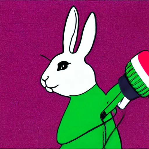 Image similar to a rabbit singing into a microphone, green and pink and red lights, photorealistic