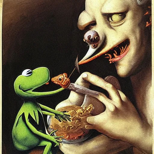 Prompt: Kermit the Frog in “Saturn Devouring His Son”, Francisco Goya, fresco, horror