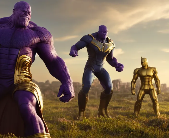 Prompt: 4 k hd, high detail photograph of thanos fighting avengers, shot with sigma f / 4. 2, 2 5 0 mm sharp lens, wide shot, consistent, volumetric lighting, high level texture render