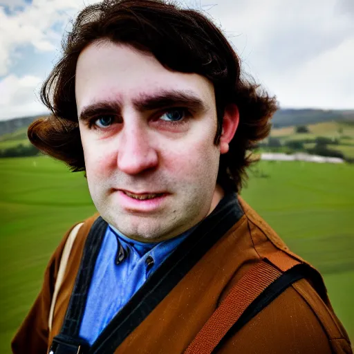 Image similar to close up headshot of a frowning clean shaven pudgy British lad with short curly dark brown hair as a hobbit wearing a white men's crossbody sling chest bag and blue vest, blue vest!! white crossbody chestbag!! high resolution film still, by Sarah Moon