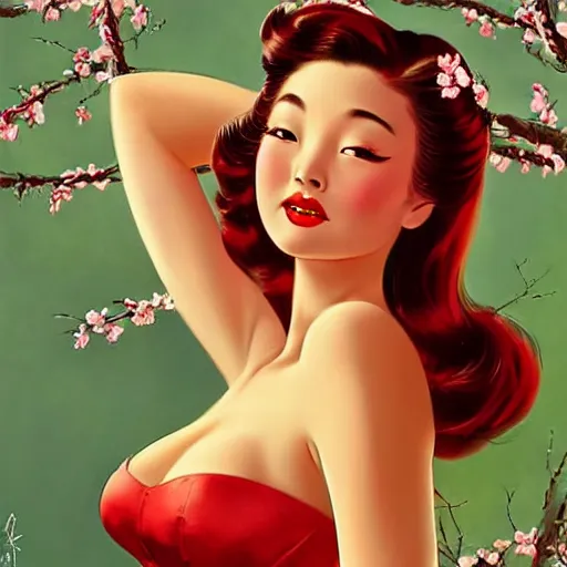 Prompt: pin - up portrait of a beautiful young mulan, pretty long hair, cherry blossoms, intense flirting, showing curves, symmetrical face, digital art, smooth, extremely detailed, model pose, by wu bayard, by gil elvgren, by ralph horsley, by hanks steve