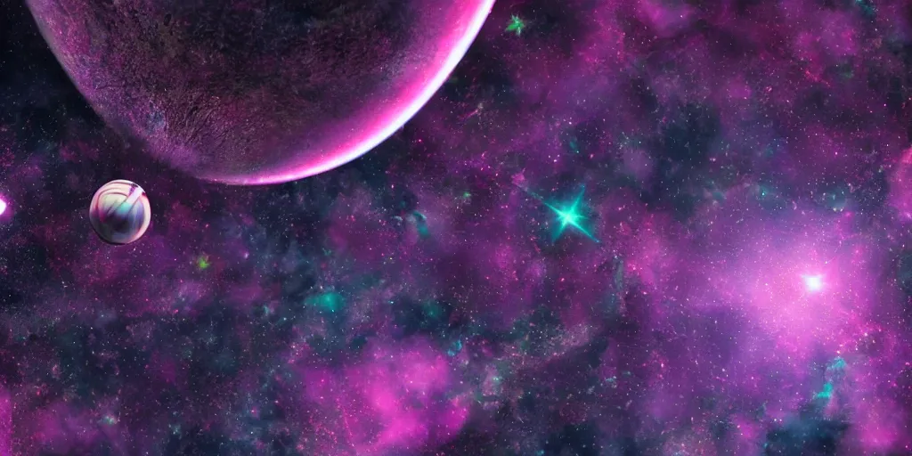 Image similar to magenta crystal planet with falling spaceship above, 🌌, sparkling stars, kaleidoscopic, 8k, high detail, wide shot