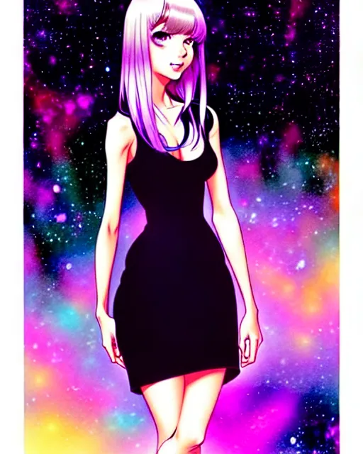 Image similar to portrait of an attractively cute young woman with amazingly dyed medium length hair wearing a short tight black dress think about the galaxy, art by Range Murata and Artgerm.