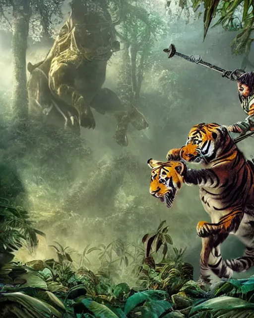 Prompt: a strong knight is facing a horrific, ravenous tiger in a densely overgrown, eerie jungle, fantasy, stopped in time, dreamlike light incidence, ultra realistic