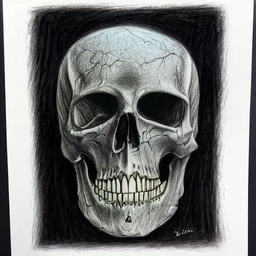 Image similar to a blend of death and life, color pencil drawing, maximalist, black background