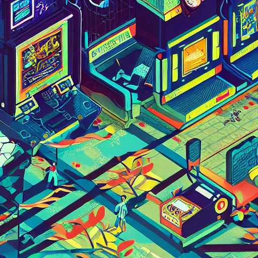 Image similar to isometric view illustration of a video games arcade, highly detailed mid day by Victo Ngai