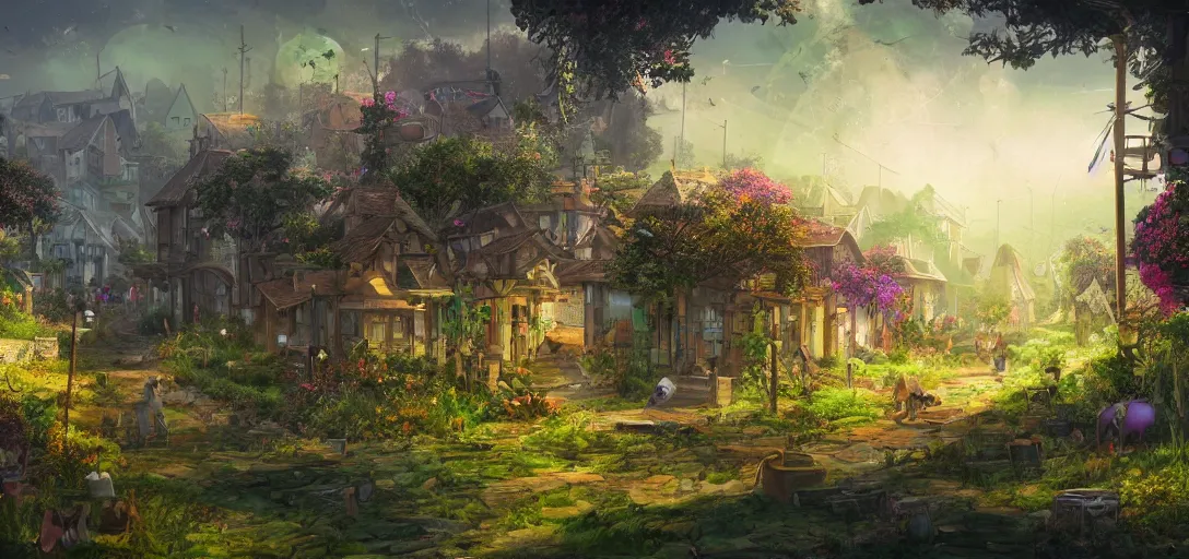 Image similar to Look of a solarpunk village, full daylight, morning, cartoon moody scene, digital art, 8k, colorful details of lush nature covering the streets