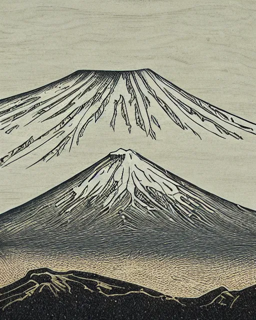 Prompt: an award winning Wood engraving on paper of Mount Fuji, HDR