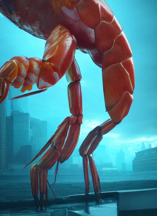 Image similar to man who suddenly became giant shrimp, photorealistic, canon r 3, symmetry, octane render, unreal engine, dramatic lights