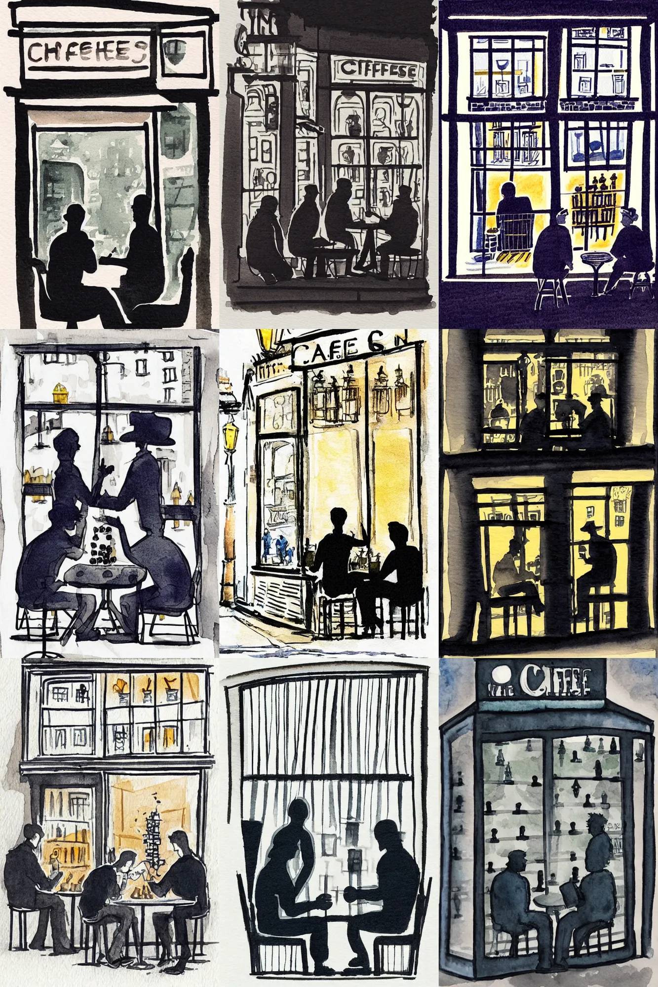 Prompt: Ink and watercolor illustration of !!!two men!!! sitting in front of a cafe window at night, !!!!playing chess outside cafe!!!!, men backlit by light from cafe window, by Luci Power