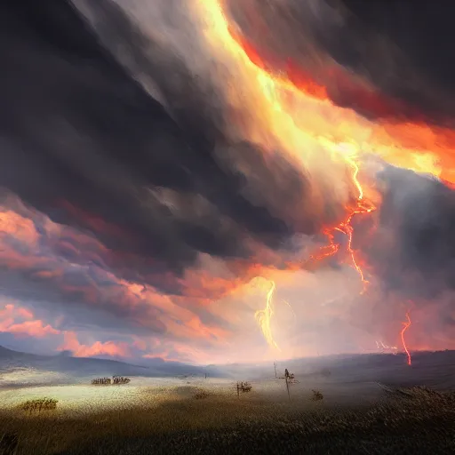 Image similar to running on burning clouds, thunder and fire rain, 4k, post-processing, very very detailed, artstation, cute