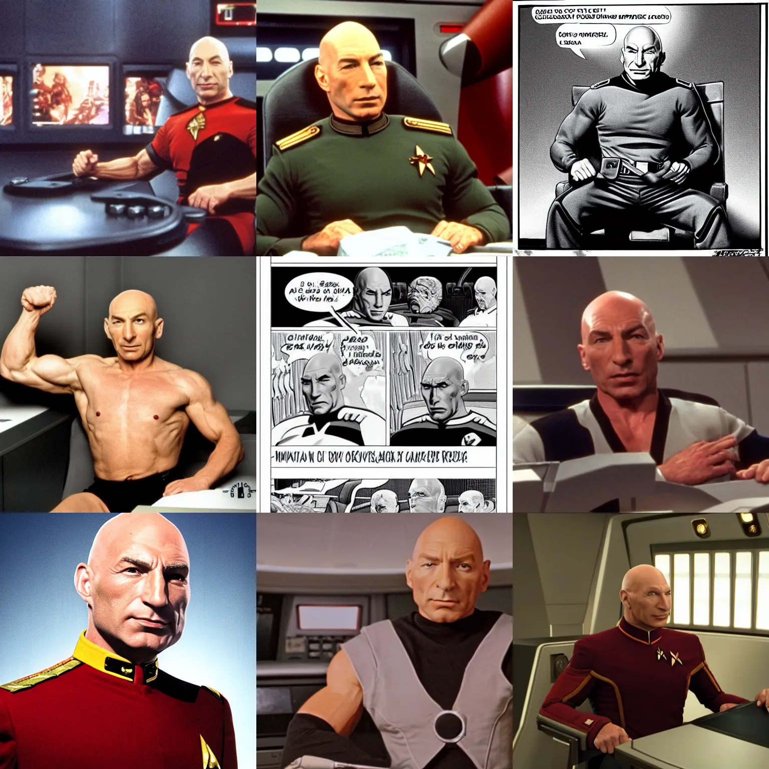 Prompt: strong muscled jean - luc picard sitting on the captains chair screaming orders