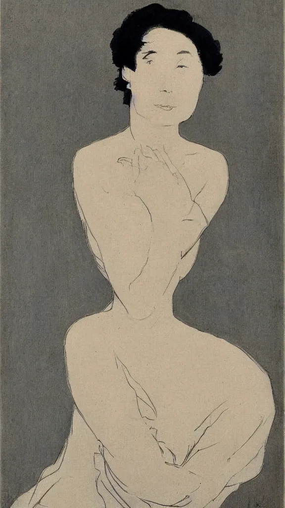 Image similar to Maggie Cheung, portrait en buste, by Henri Tolouse-Lautrec