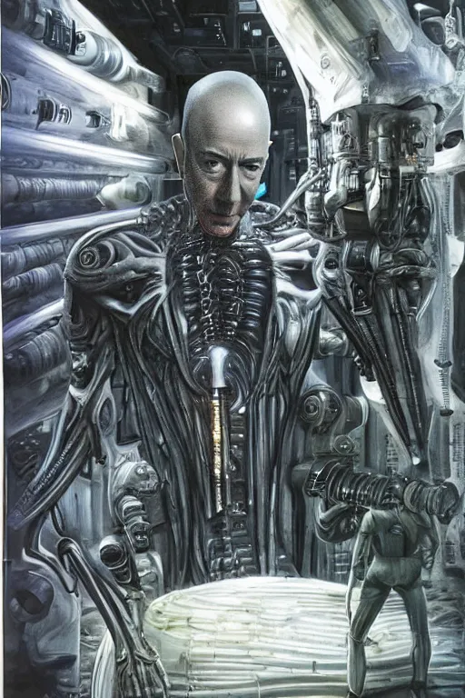 Image similar to jeff bezos as a filthy alien invader with a laser weapon from a pulp movie, photorealistic, cinematic lighting, highly detailed, very intricate, by hr giger