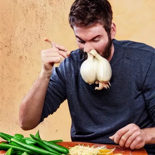 Prompt: a man eating a whole garlic clove with spaghetti, photo