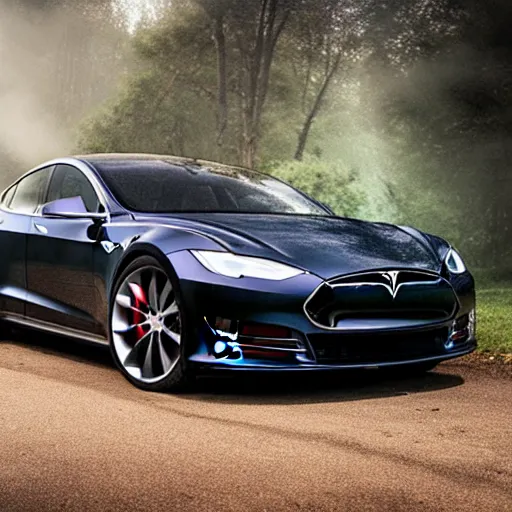 Image similar to a v 8 sport car designed by tesla, outdoor magazine, ambient light, fog