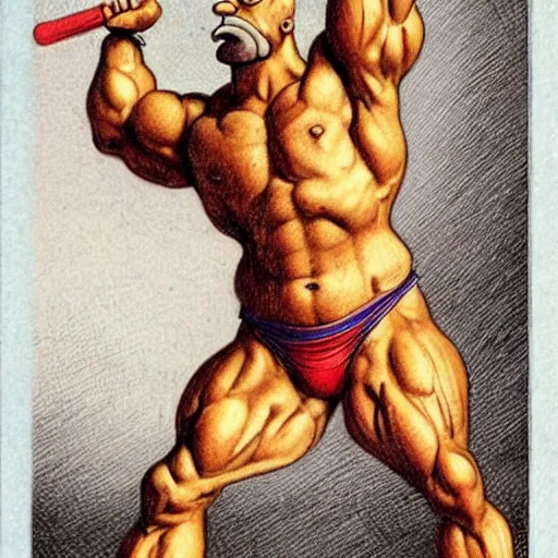 Prompt: homer simpson as the most muscular athlete in the world posing and flexing his arms, dnd card art, fantasy comics, pen drawing, hyper detailed, extremely complex, hyper realistic, intricate classic art, masterful, great works of the masters, art by rembrandt and leonardo da vinci