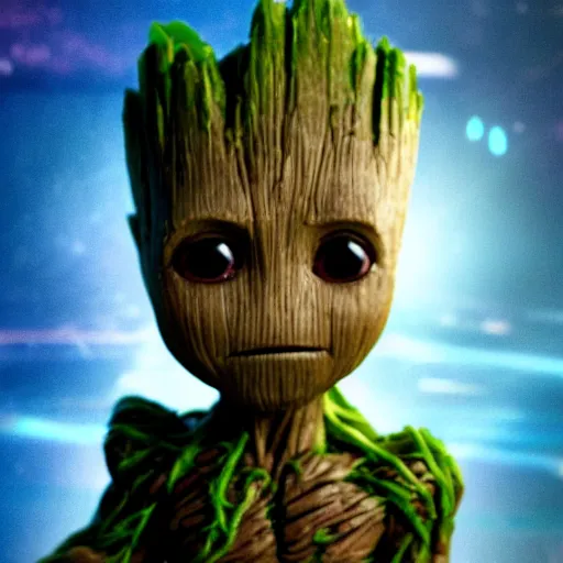 Image similar to baby groot getting bigger, meaner and transforming into hulk, dc universe, bokeh, high quality dof