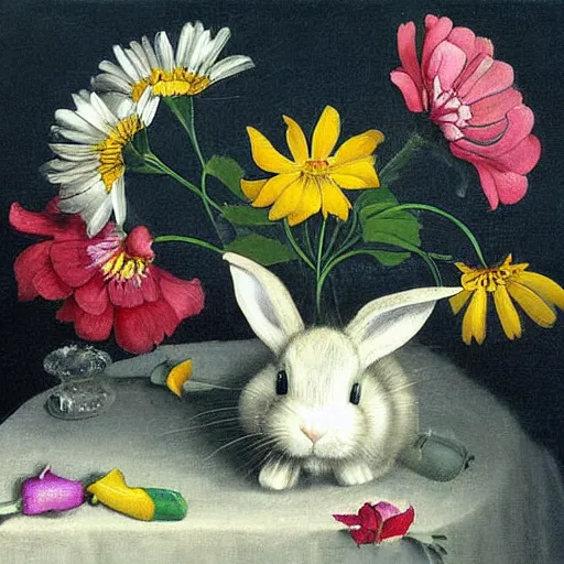 Prompt: The painting is a beautiful and playful work that perfectly encapsulates the artist\'s unique style. The painting features a rabbit made out of ceramic, which is surrounded by brightly colored flowers. The work is both charming and sophisticated, and it is sure to bring a smile to any viewer\'s face. hygge, inverted colors by Hendrick Avercamp, by Matti Suuronen, by Tom Thomson eclectic