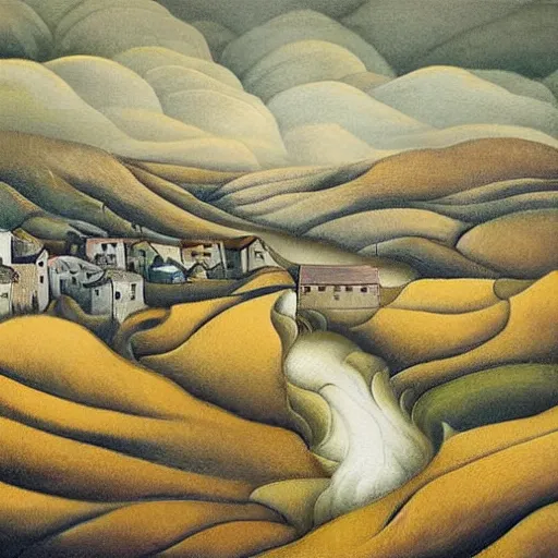 Prompt: The print is of a small village with a river running through it. In the distance, there are mountains. The sky is clear and the sun is shining. dada by Mab Graves, by Rafael Zabaleta funereal, turbulent